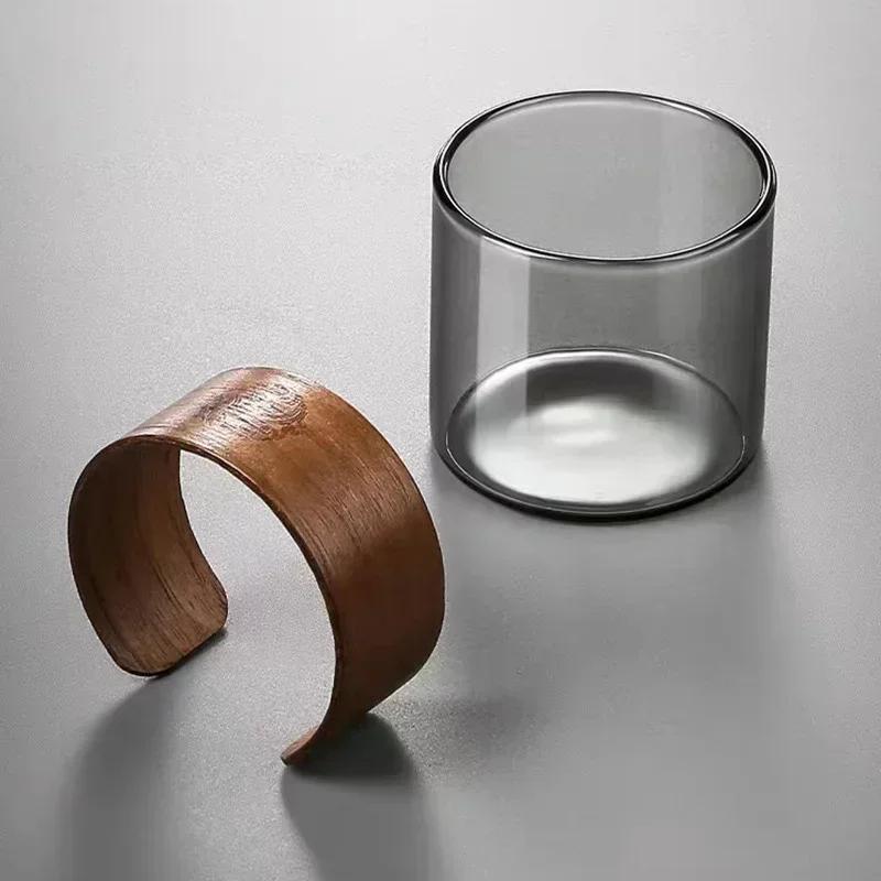 Japanese Style 150ML Heat-resistant Glass Tea Cup with Scald Proof Wooden Holder Kungfu Tea Set Master Cup Household Coffee Mug