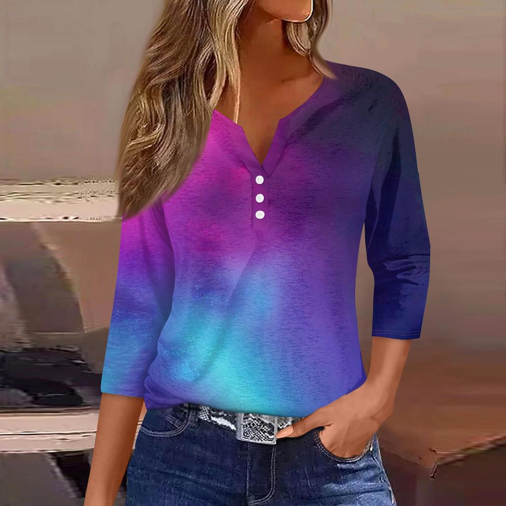 Жен. Футболка Футболка С принтом Пуговицы Рукав 3/4Ежедневно Выходные Мода Классический Топ с v-образным вырезом Обычный
