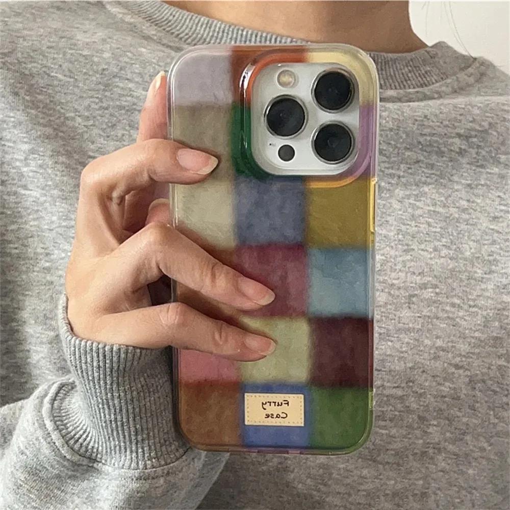 Чехол для телефона Dopamine Color Block Match Plaid для iPhone 17 16 15 14 13 12 11 Pro Max Air 16E SE2 7 8 Plus Сетка Метка Матовый Чехол