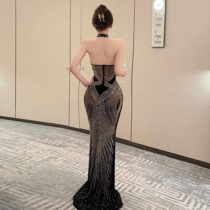 Новая женская одежда знаменитости горячее бриллиантовое перспективное платье с открытой спиной