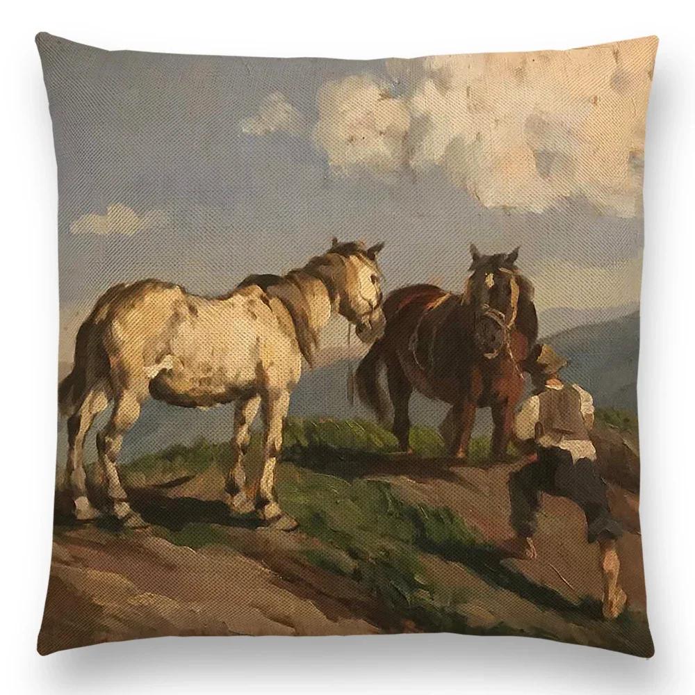 Наволочка с масляной живописью лошади, домашний декор, винтажная наволочка для дивана, автомобиля, льняная наволочка, домашняя декоративная, дропшиппинг
