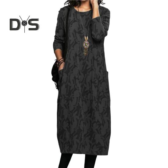 Женское платье весна-осень с круглым вырезом, длинными рукавами и боковыми карманами, свободное платье-миди длиной до середины икры с цветочным принтом для повседневной носки и поездок на работу