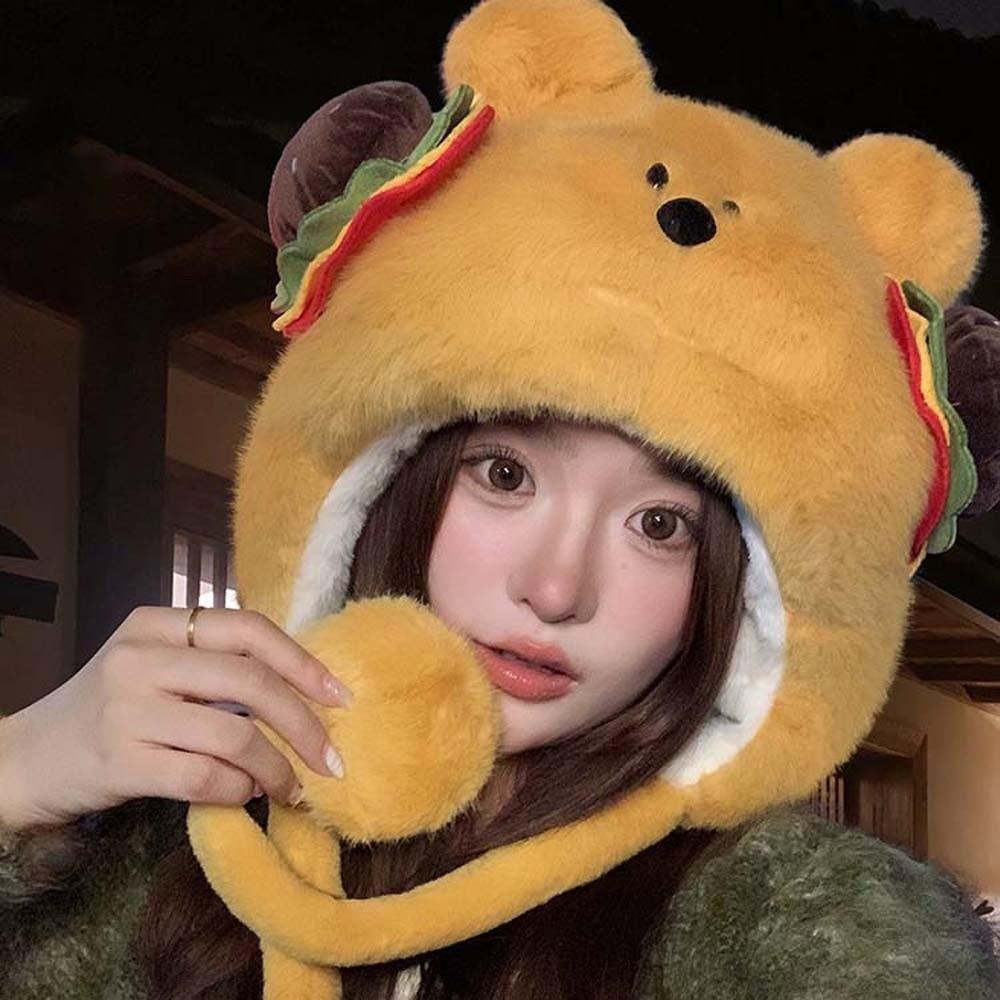 Penguin Winter Plush Hat Cartoon Hamburger Ear Protection Cap Skiing Bear Lei Feng Hat  Autumn
