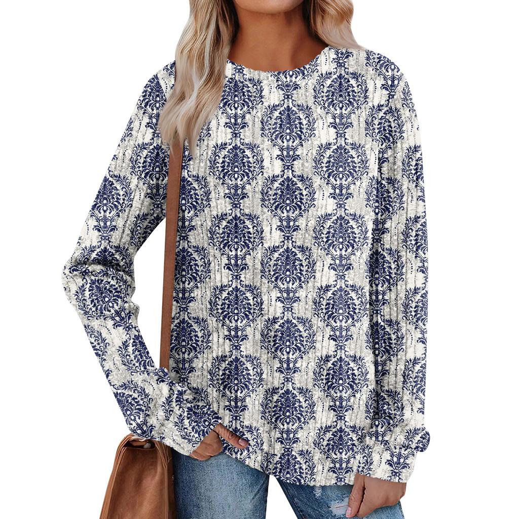 Women's Winter Color-Block Printed Lightweight Brushed-Cotton Round Neck Top