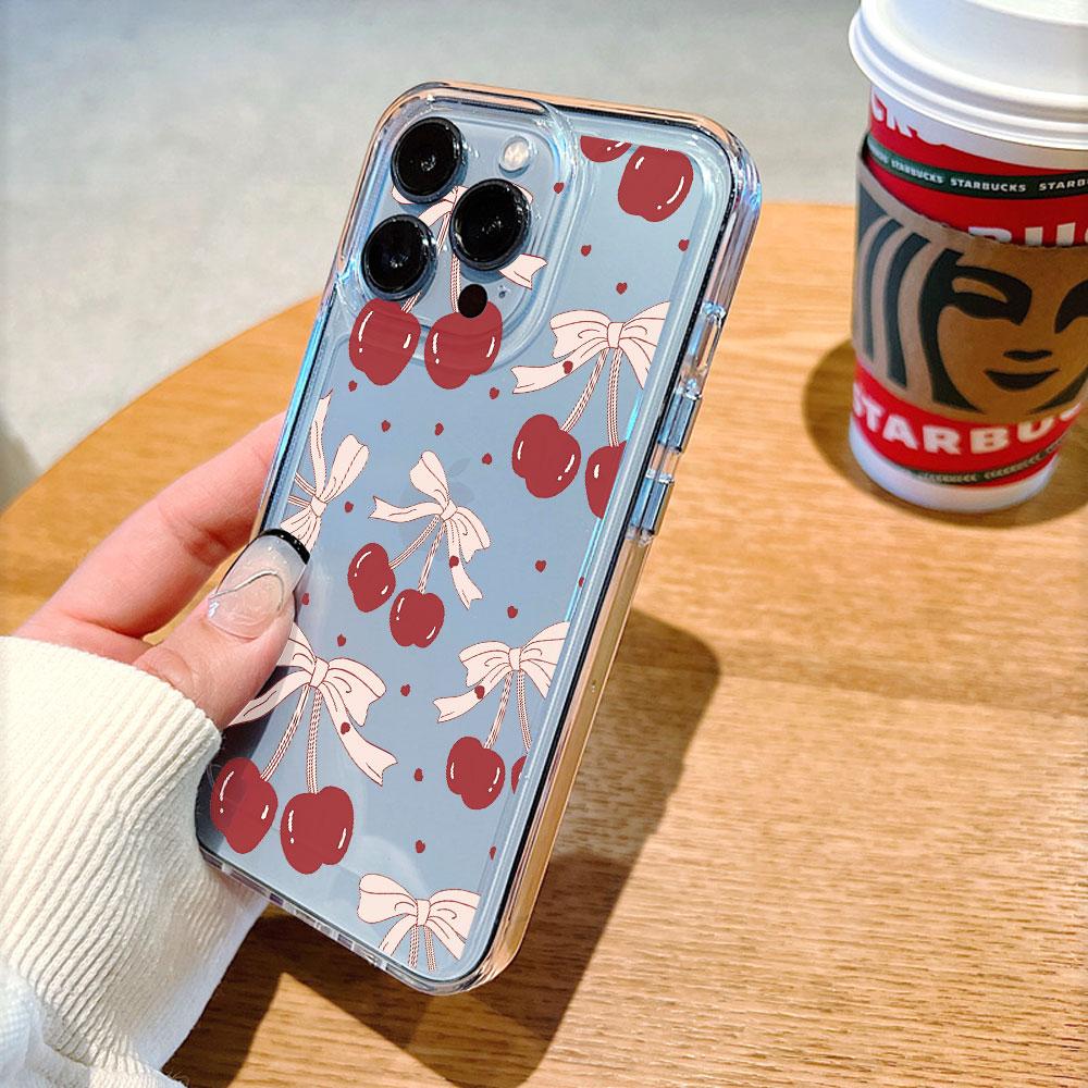 Чехол для телефона с рисунком красных вишен и бантов для IPhone 17 15 16 14 13 12 11 Pro Max Plus 12 13 Mini Защитная крышка из ТПУ