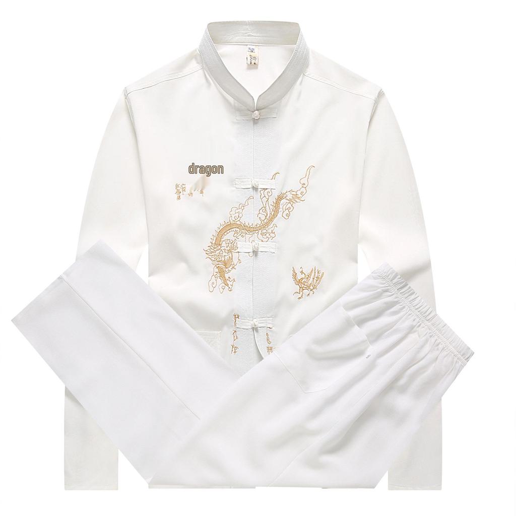 Мужской осенний костюм Тан: Вышитая рубашка для тай-чи с воротником-стойкой и застежкой-пуговицей-лягушкой, с длинным рукавом, комплект