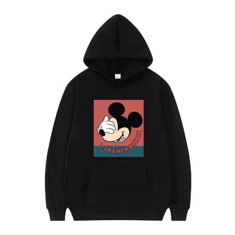 Disney Mickey Mouse Pattern Woman Fleece Casual Loose Black Autumn Tops Clothes Pullovers Ladies Cheap Hoodies Men Sweatshirts