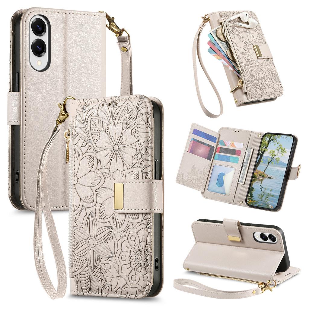 Для Samsung Galaxy S25 Чехол-бампер Цветочный узор с листьями Множество слотов для карт Молния Кожаный чехол для телефона с ремешком на запястье