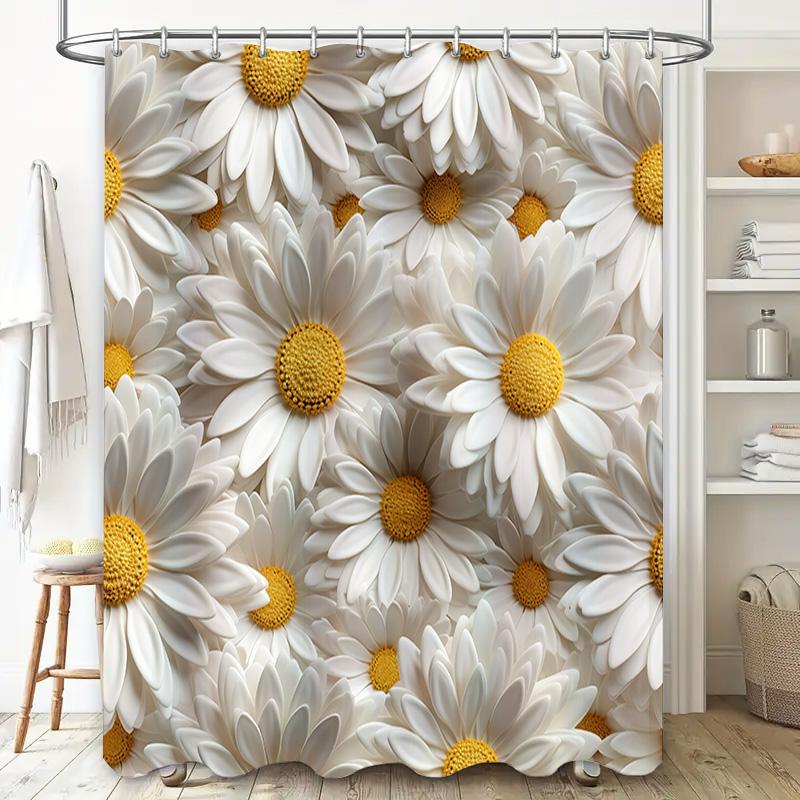 White Daisy Shower Curtain 3D Flowers Printed Home Decor Waterproof Bathing Rug Cover for Bathroom Decoration White Yellow Flowe