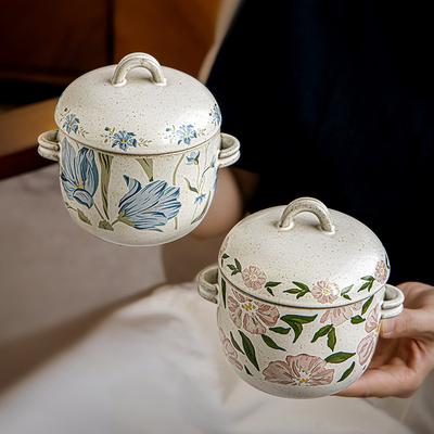 Кухонная китайская ретро двухсторонняя чашка для тушения с крышкой, водонепроницаемая кастрюля для тушения, керамическая кастрюля, маленькая чашка для супа, розетка