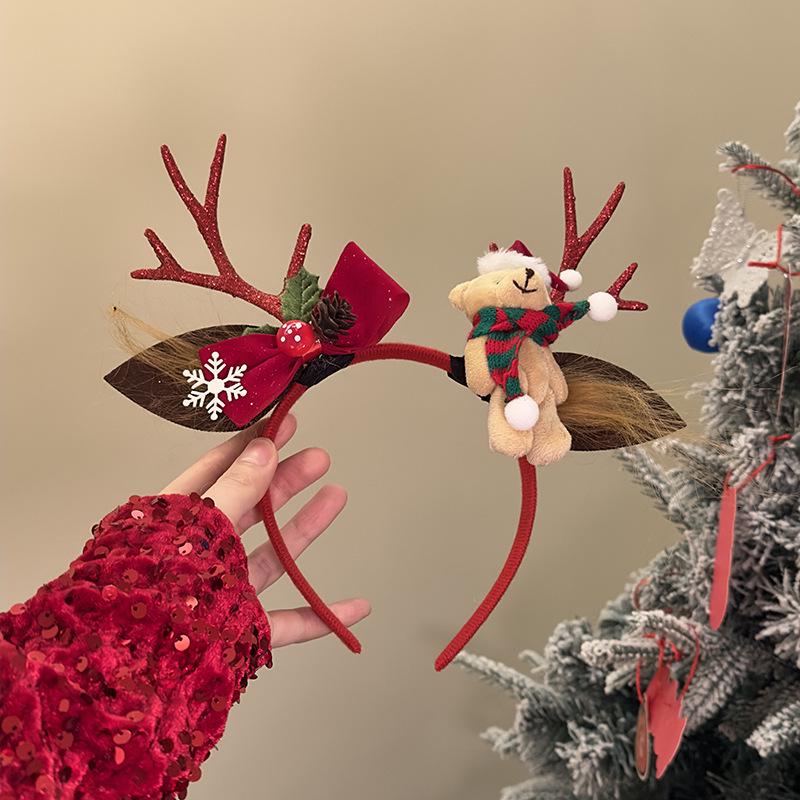 Рождественский медведь и рога повязка на голову для детей - праздничный дизайн с цветками сливы и нескользящими зубчиками