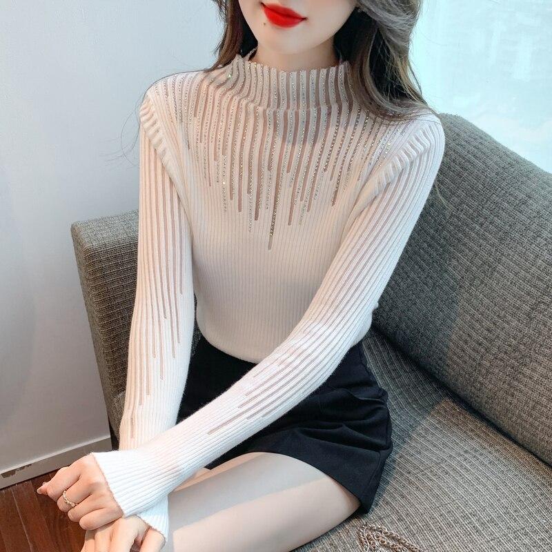 Топы с полувысоким воротником, женские пуловеры с длинными рукавами, осень и зима 2023, облегающий свитер, однотонная одежда 29091
