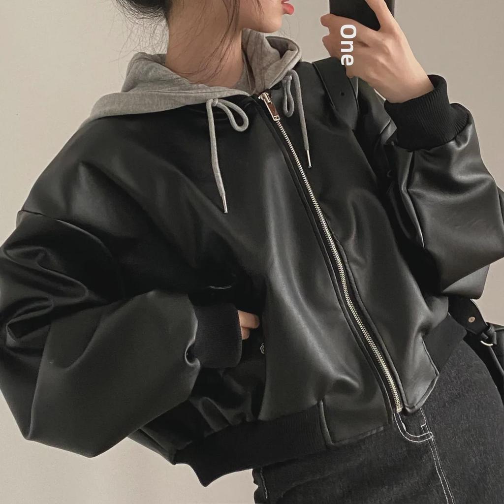 Корейская ретро-кожаная куртка с капюшоном на молнии и двойными карманами