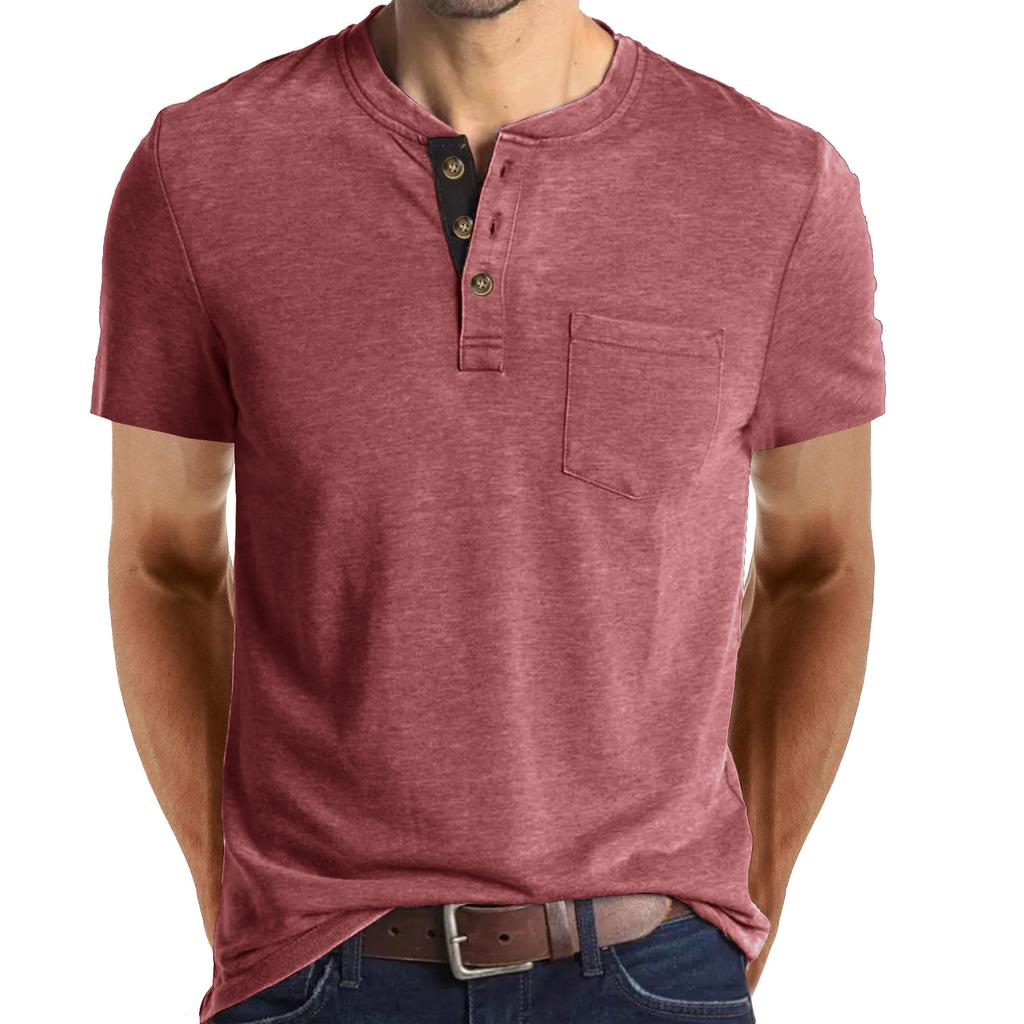 Summer Men's Short Sleeve T-Shirt Men's Henley T-Shirt Casual Round Neck Top