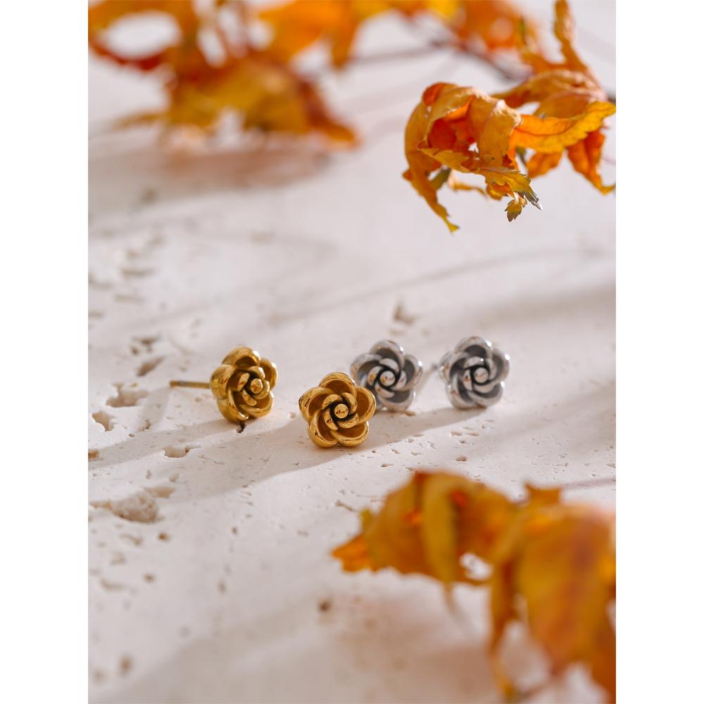 Yhpup Chic Stainless Steel Rose Flower Chain Necklace Bracelet Earrings Set Gold & Platinum PVD Waterproof Plated Daily Jewelry