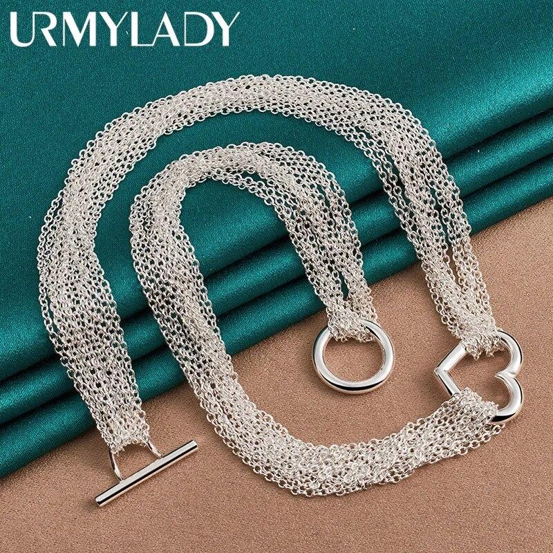 URMYLADY стерлингового серебра 925 пробы, мульти-тонкая цепочка с подвеской в форме сердца, ожерелье для женщин, свадебная вечеринка, модные очаровательные ювелирные изделия
