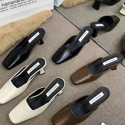 2025 полутапочки французский темперамент фея женщины весна и лето носят новые босоножки на толстом каблуке Muller высокий каблук