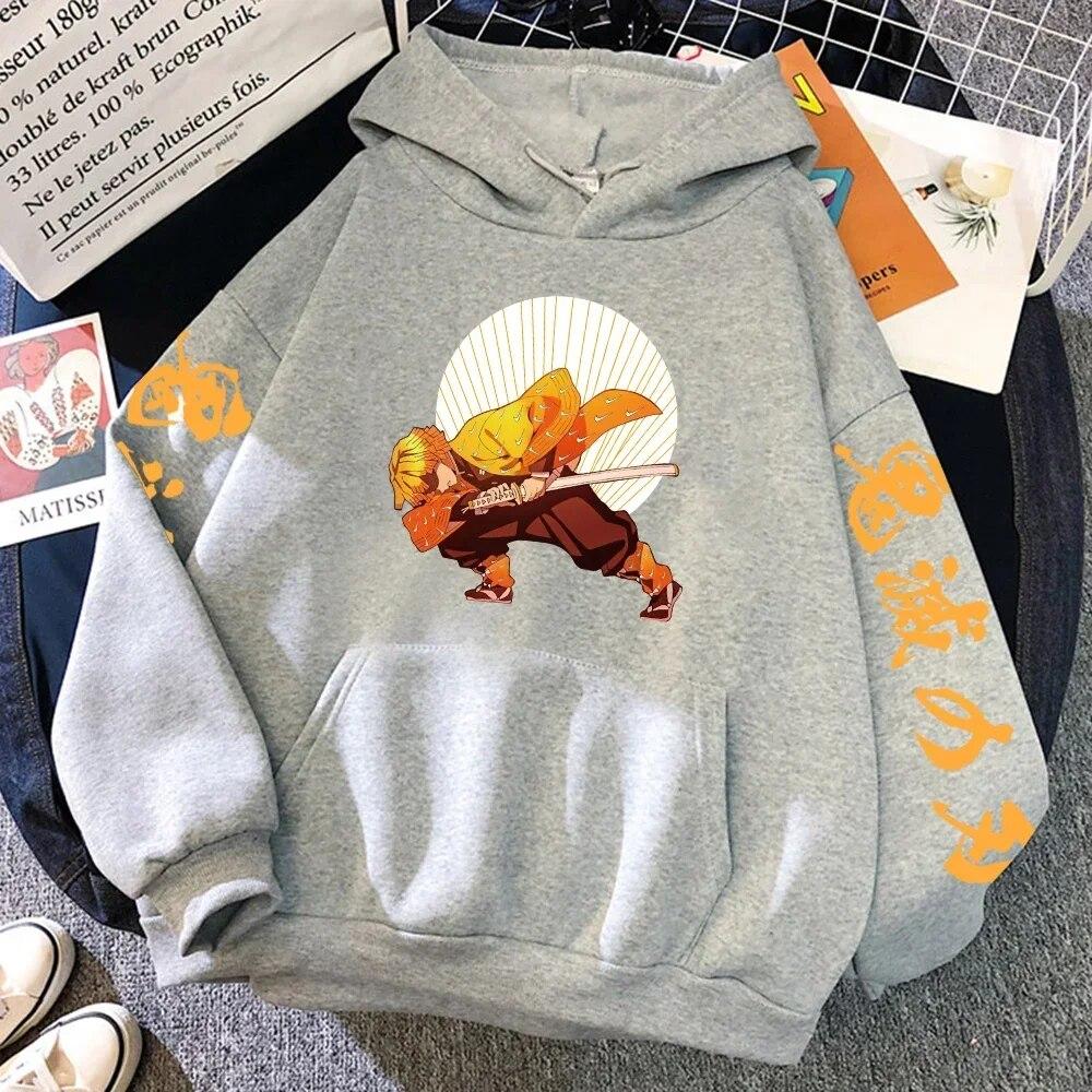 Толстовка с принтом Demon Slayer Agatsuma Zenitsu в стиле хип-хоп, свободная толстовка с капюшоном, повседневная флисовая толстовка в стиле Харадзюку, топы с круглым вырезом, толстовки