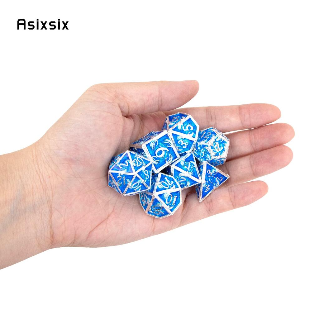 7 Pcs Silver Blue Hand Metal Dice Solid Metal Polyhedral Dice Set Suitable for Role-Playing RPG  Board Game Card Game