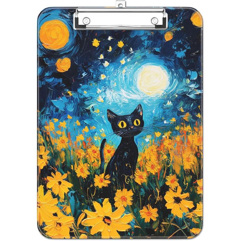 Plastic Cute Clipboard Low-Profile Metal Clip, A4 Letter Size 9 x 12.5 in, 8.5 x 11 Paper Clip Board for Teachers, Nurses, Classroom,Cute Black Cats