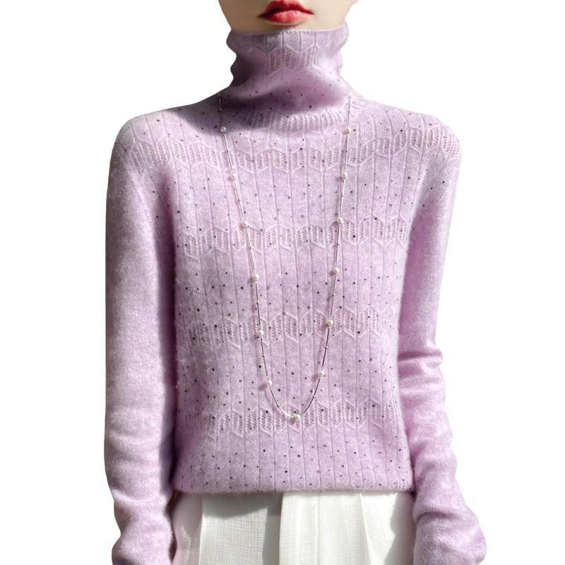 Women's 100% Pure Wool Rhinestone Turtleneck Sweater - Long Sleeve Jacquard Knit