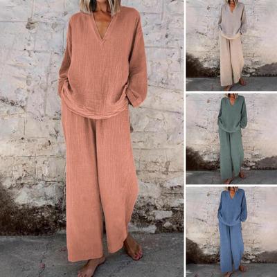 Женский свободный комплект из 2 предметов: топ с длинным рукавом и V-образным вырезом, широкие брюки