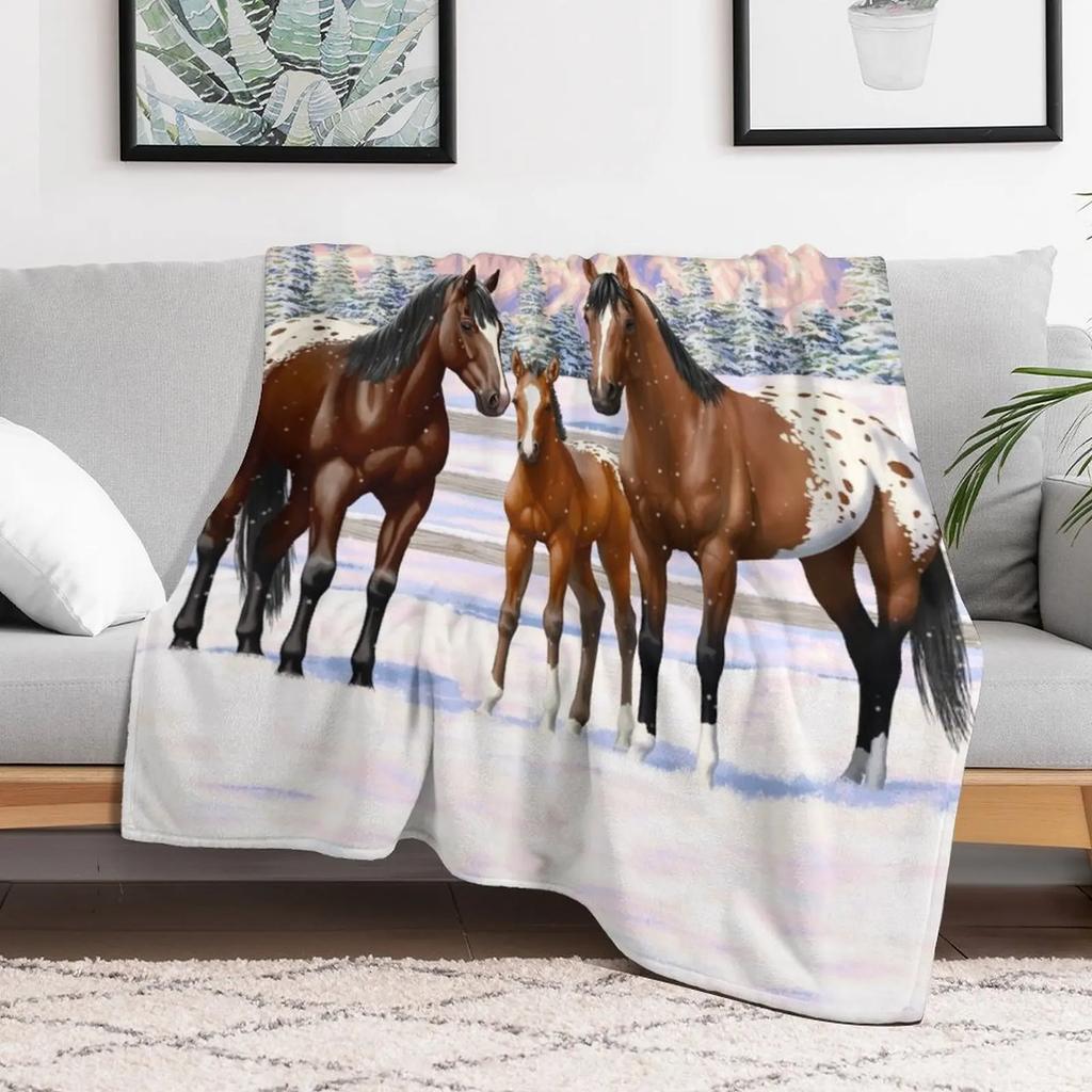Bay Appaloosa Quarter Horses In Winter Snow Throw Blanket Cozy Light Blanket for Travel Camping Picnic