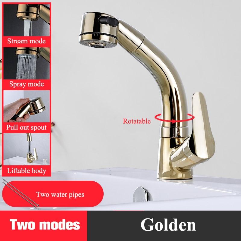 Matte Black Bathroom Basin Faucet Pull Out Spout Rotatable Liftable Body Deck Mounted Hot and Cold Water Mixer Tap