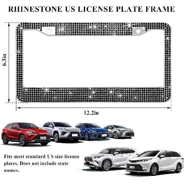 Bling Car License Plate Frame, Handcrafted Rhinestone License Plate Frame With Glitter Screw Caps, Sparkly Bedazzled Diamond Stainless Steel License