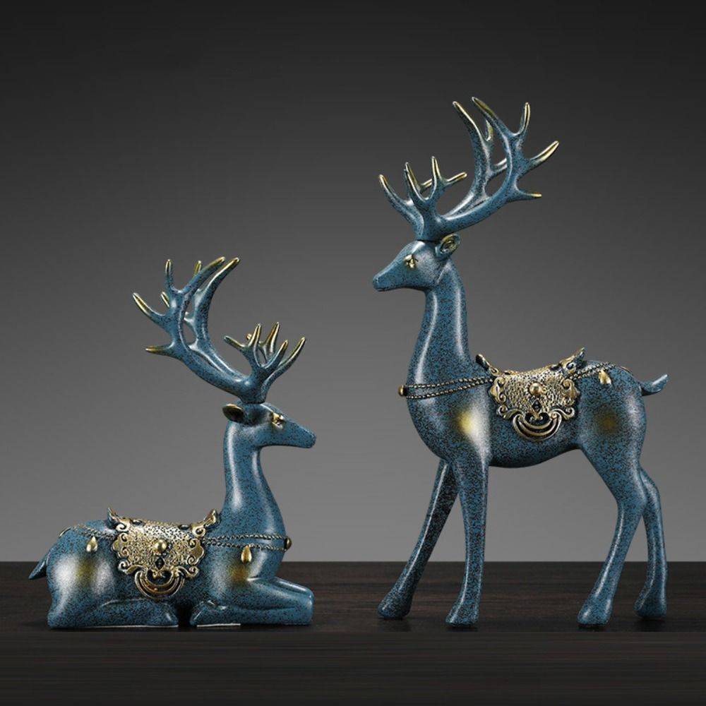 2pcs Modern Elk Statue Resin Animal Sculpture Couple Deer Ornaments Micro Landscape