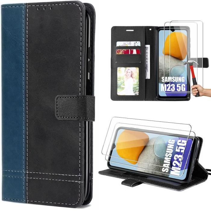 Coque Flip Case avec 2 Verres Trempés pour Samsung M23 5G - Effect Cuir Noir-Bleu Marine