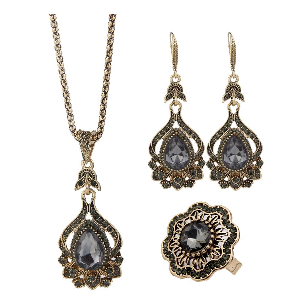 Ретро золотого цвета, винтажные серьги с цветком, ожерелье, кольцо для женщин, винтажные комплекты свадебных украшений для невесты в турецком богемном стиле