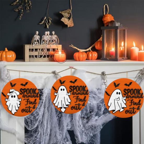 Halloween Ghost Door Sign Spook Around Find Out Welcome Sign Front Porch Hanging Wooden Plaque for Home Window Wall Decor
