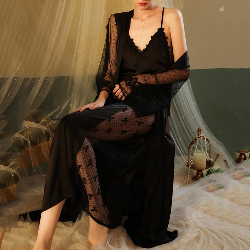 Осенне-зимняя сексуальная свадебная ночная рубашка, удлиненный халат, пижама, женская атласная пижама с длинными рукавами, домашний сервис