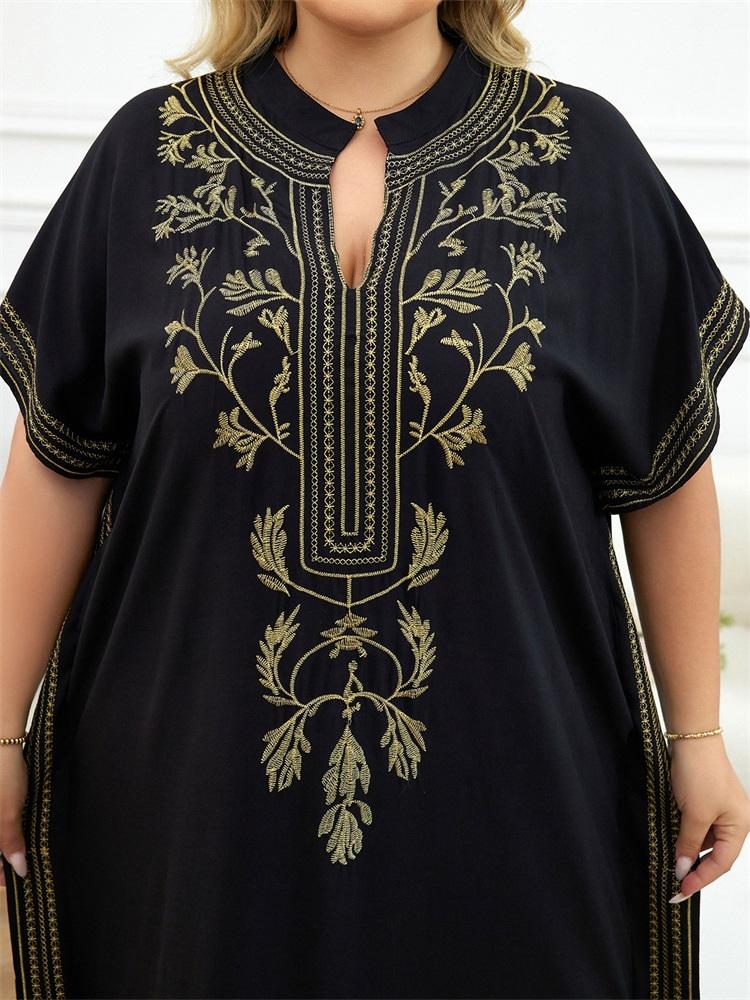 EDOLYNSA Embroidered Red Kaftan Women's Fashionable Robe Boho V-neck Batwing Sleeve Beach Maxi Dress Holiday Cozy House Robe