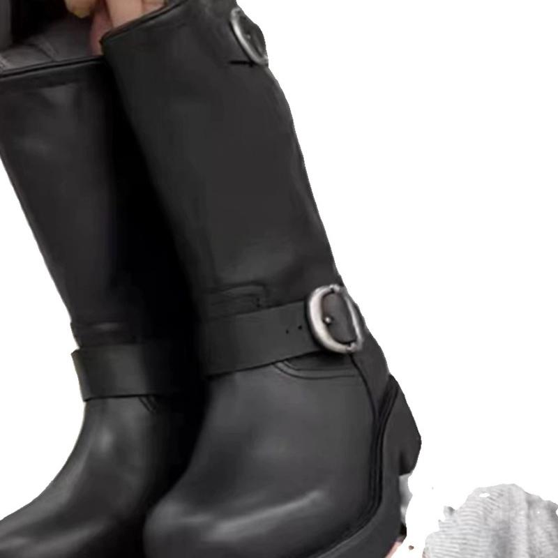 Зимние Горячие Продажи Женские Сапоги 2024 Высокое Качество Однотонные Круглый Носок Замшевые Пряжка Толстый Каблук Женские Короткие Модные Сапоги