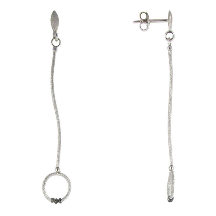 LES POULETTES BIJOUX - Boucles d'Oreilles Argent 925 Brossé Anneau Pendant et 3 Diamants Noirs