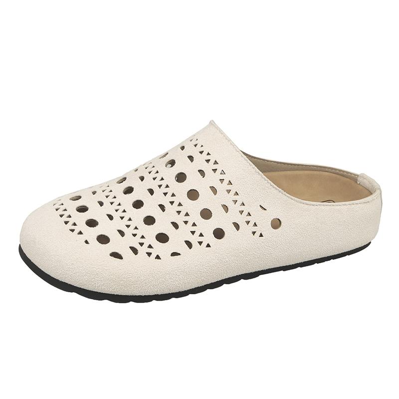 Баотоу Перфорированные Замшевые Кожаные Однотонные Лаконичные Полушлепанцы Женские Круглый Носок Натягивающиеся Мюли Пляжная Обувь Женская