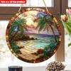 2D Flat 20*20cm1pc Sunset Beach Coconut Island Scenery Round Hanging Sign, Beach Vacation Theme Retro Style Art Plaque, Application To Bar&Garden&Club