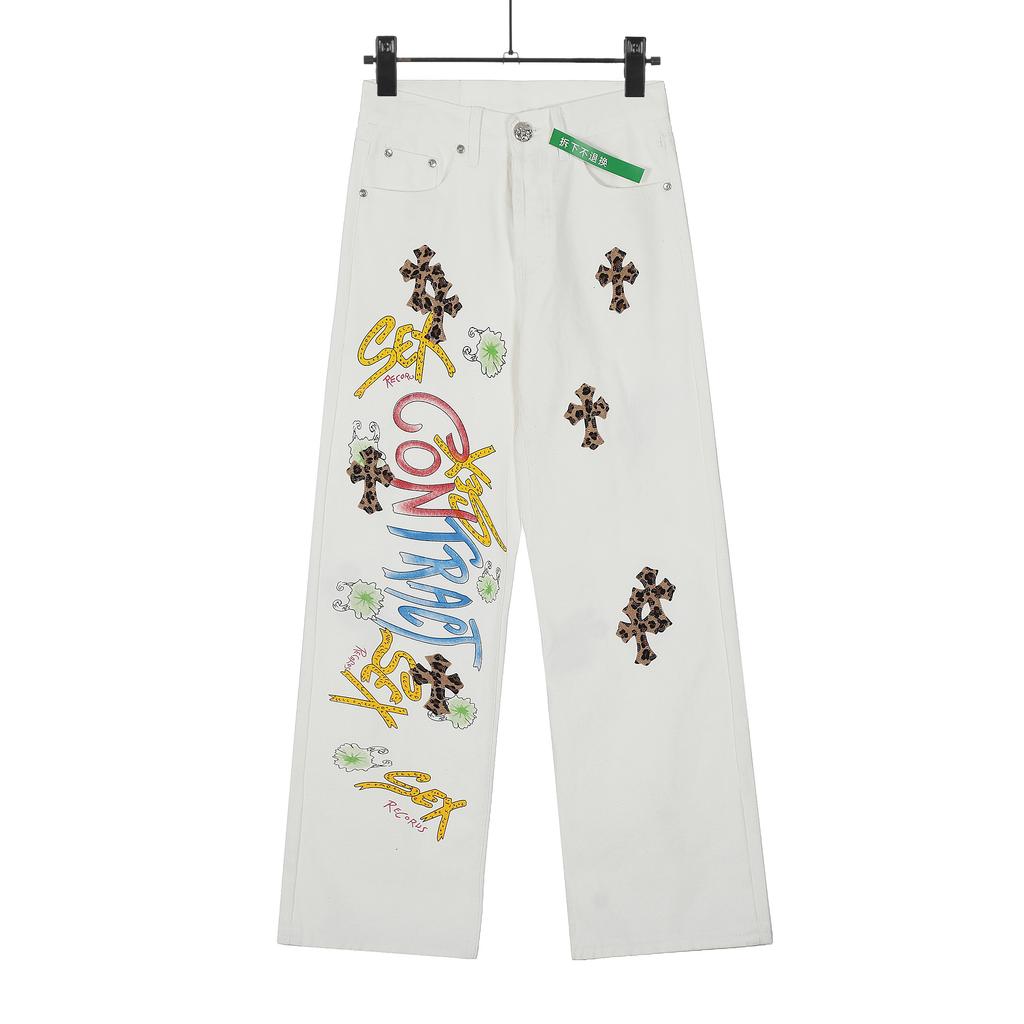 7704 CHROME HEARTS Men's and Women's American Style Trendy Jeans with Fabric Patches, Casual and Fashionable High Street Pants