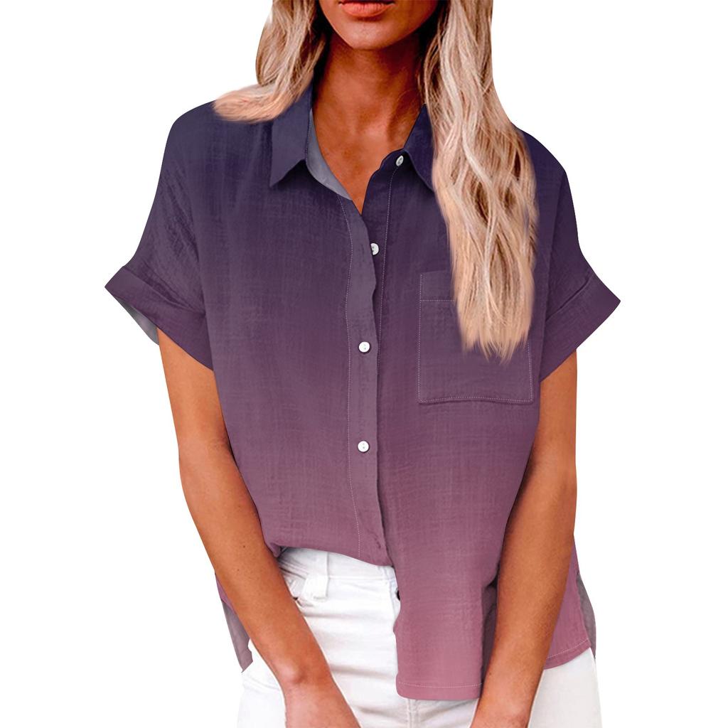 Женская свободная повседневная рубашка с короткими рукавами и пуговицами с градиентным принтом и карманами
