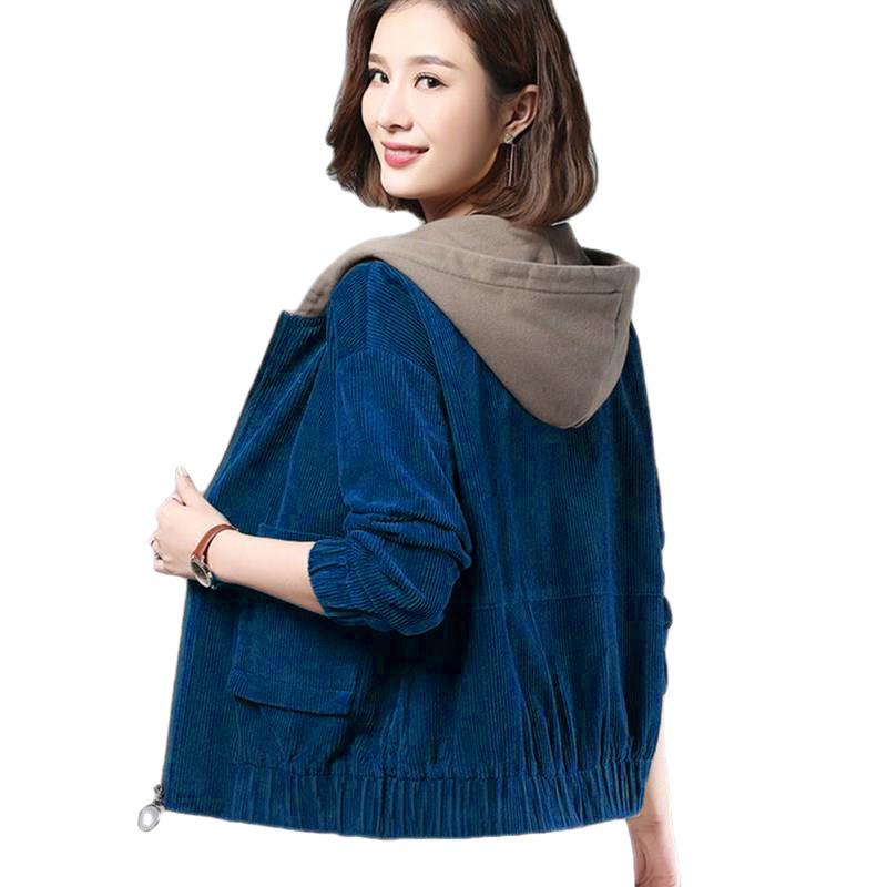 Women's Large Hooded Corduroy Jacket - Arctic Velvet, Autumn/Winter, Loose Fit, Korean Style, Perfect for Middle-aged Moms