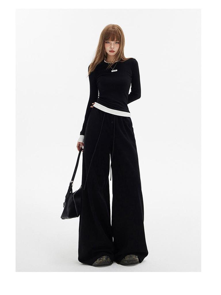 Women's 2-Color Elastic Waist Wide-Leg Pants with Drawstring - Spring 2025 Casual Slim Straight Floor-Length Drape Style