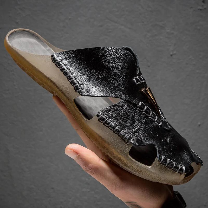 Новые кожаные тапочки мужские домашние тапочки для дома классическая обувь для дома повседневные шлепанцы кожаные сандалии Zapatos Hombre