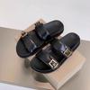 Leather Version~ Slippers Women's Summer Wear One-word Platform Sandals Versatile Casual Beach Soft-soled Cool Slippers