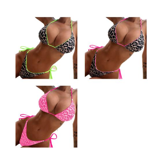 2 шт./компл. женский комплект бикини с леопардовым вырезом и спагетти с принтом, ремень на шнуровке с мягкой подкладкой