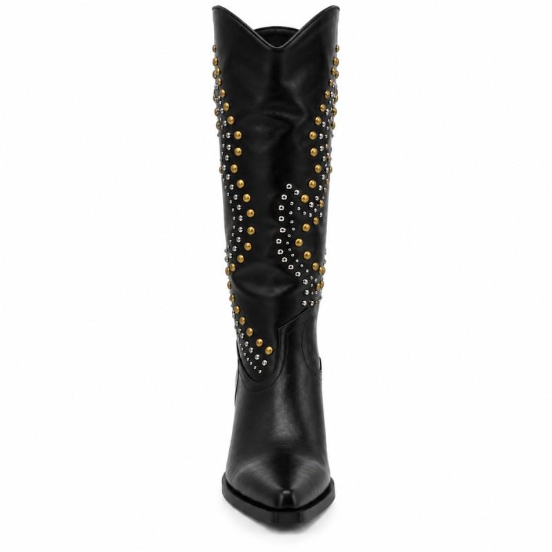 Bota Alta Negra Tachas Tacón Medio Montevita Cortinaza 105367