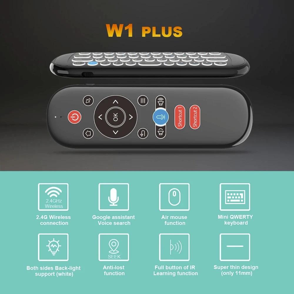 НОВЫЙ W1 PLUS Аэромышь Пульт Дистанционного Управления 2.4G RF Беспроводная Мини Клавиатура с Голосовым Управлением Умная Клавиатура с Гироскопом Чувствительная к Движению Anti-loss ИК для Android TV Box