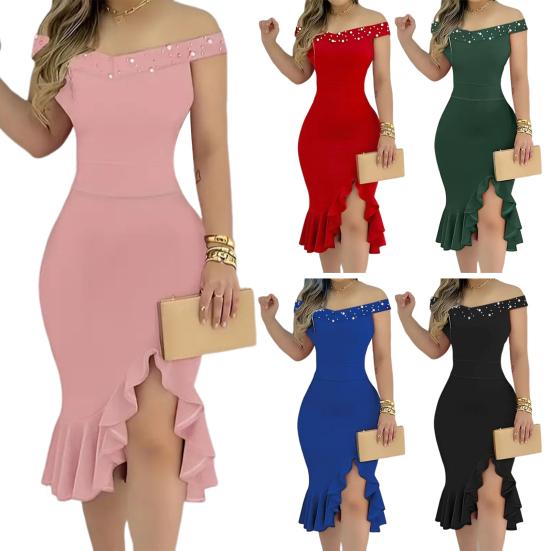 Вечернее платье с открытыми плечами, без рукавов, с неровным оборчатым подолом, облегающее, однотонное, с искусственным жемчугом, миди-платье для выпускного вечера, свадьбы