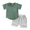 Baby Boys Shorts Set, Short Sleeve Crew Neck Stripes T-shirt with Elastic Waist Shorts Summer Outfit
